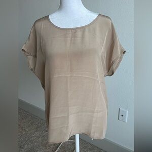 American Vintage small 100% Silk Sheen Tan Flutter Sleeve Blouse Fit $300